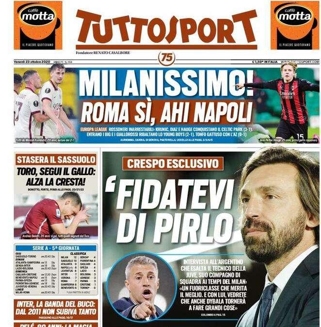 L'apertura di Tuttosport con l'intervista a Crespo: "Fidatevi di Pirlo"