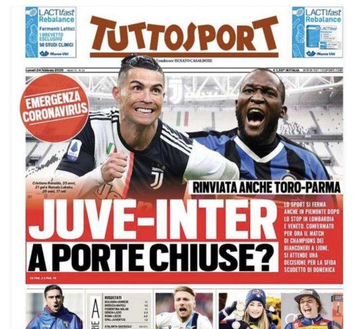 Tuttosport prima pagina oggi: "Juve-Inter a porte chiuse?"