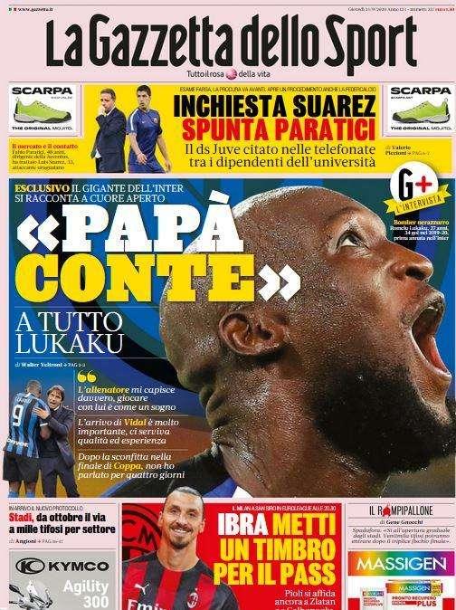 La Gazzetta dello Sport in apertura, parla Lukaku: "Papà Conte"