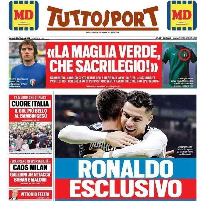 Tuttosport prima pagina venerdì 11 ottobre 2019: "Ronaldo esclusivo"