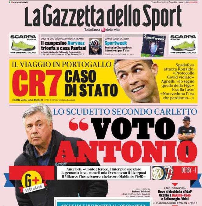 La Gazzetta dello Sport in apertura, Ancelotti: "Voto Antonio"