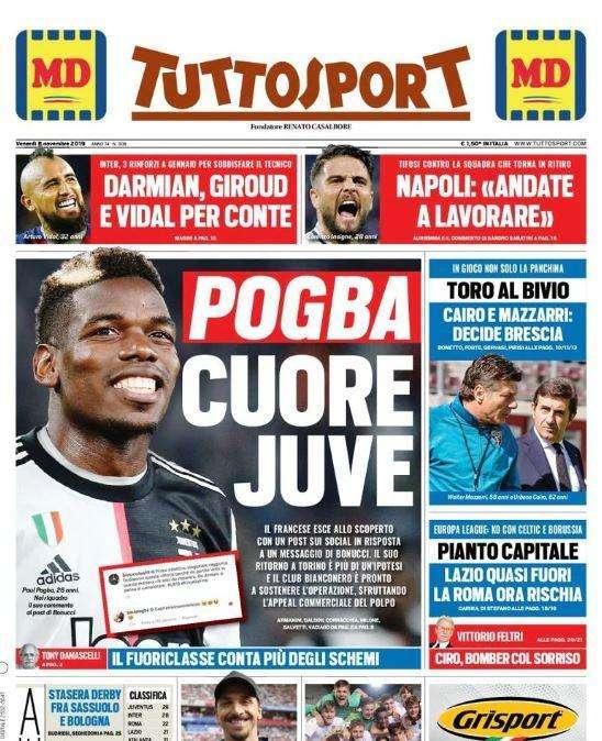 La prima pagina di Tuttosport: "Pogba cuore Juve"