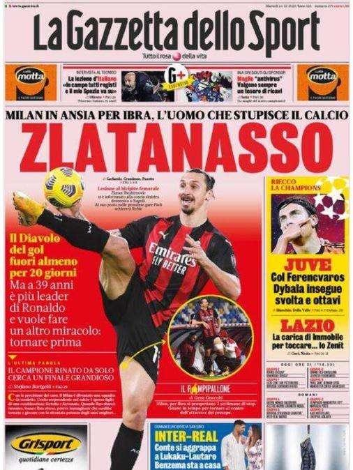 La Gazzetta dello Sport in apertura su Ibrahimovic ed il Milan: "Zlatanasso"