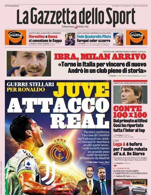L'apertura de La Gazzetta dello Sport: "Juve, attacco Real"