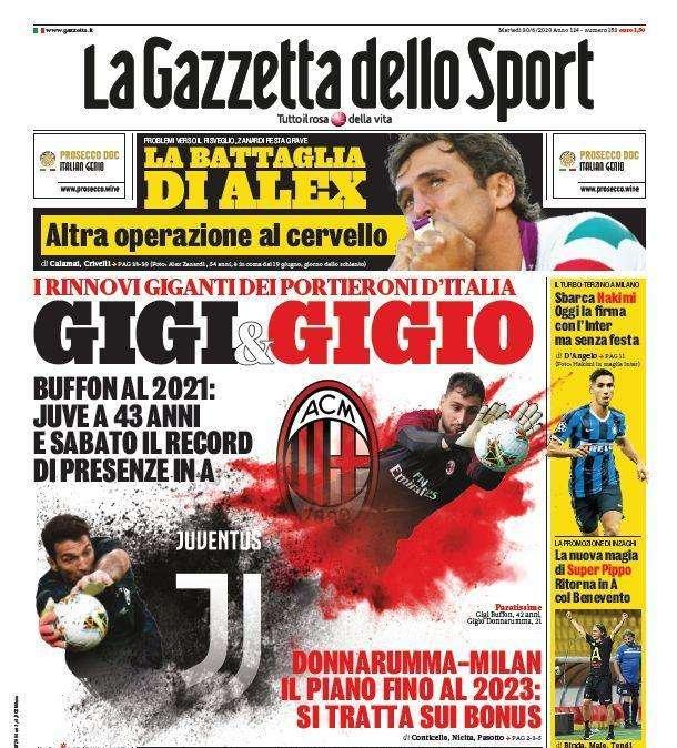 La Gazzetta dello Sport in apertura su Buffon e Donnarumma: "Gigi&Gigio"