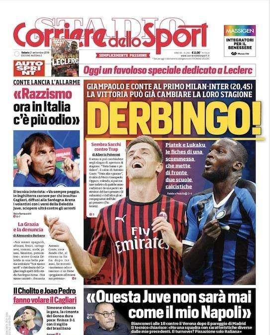 Prima pagina Corriere dello Sport 21 settembre 2019: "Derbingo"