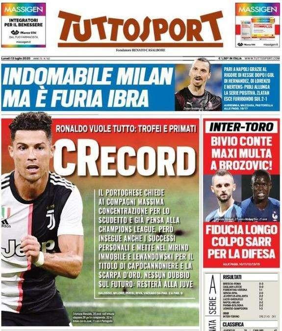 L'apertura di Tuttosport su Cristiano Ronaldo: "CRecord"
