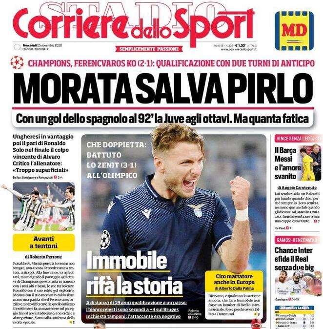 Corriere dello Sport in apertura: "Morata salva Pirlo. Immobile rifà la storia"