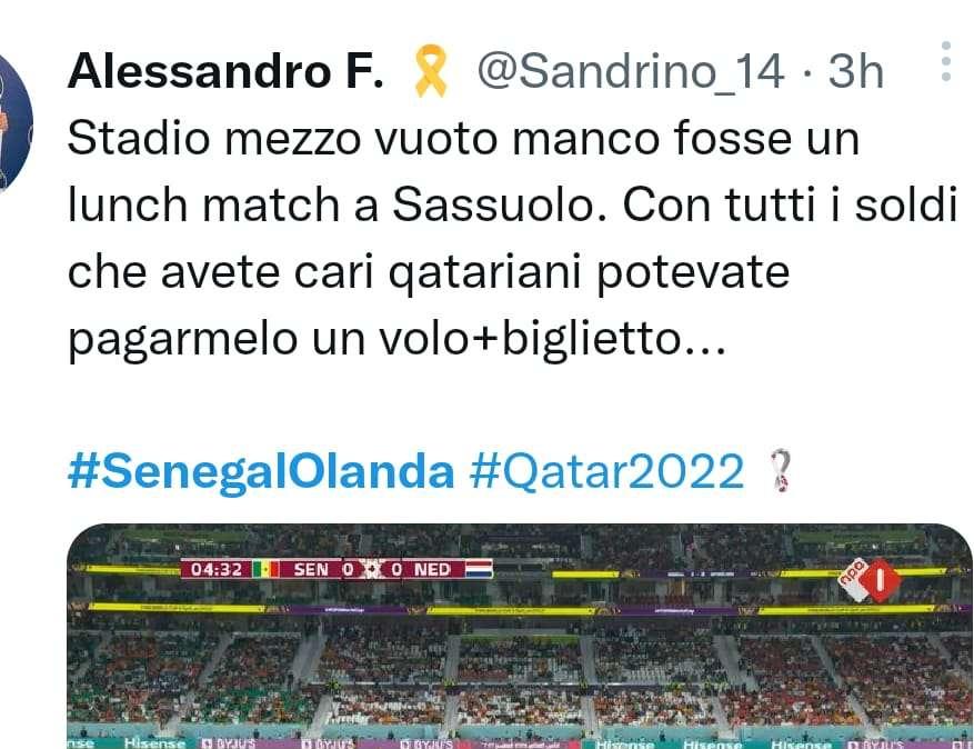 Stadi vuoti Qatar, Sassuolo termine di paragone negativo su Twitter