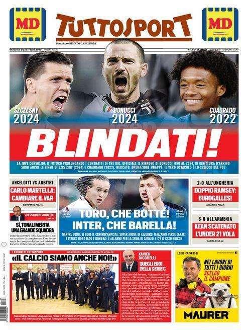 La prima pagina di Tuttosport in edicola oggi: "Blindati"