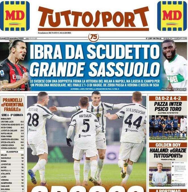 Tuttosport in apertura: "Ibra da Scudetto, grande Sassuolo"