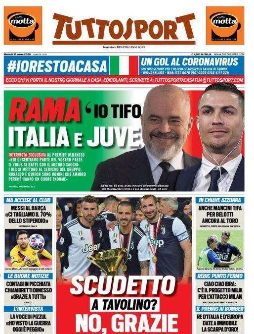 Tuttosport prima pagina, Edi Rama: "Io tifo Italia e Juve"