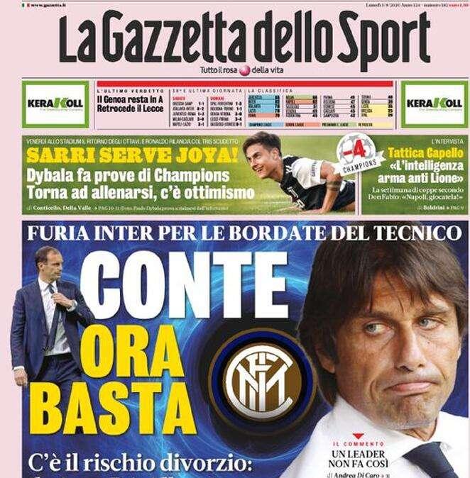 La Gazzetta dello Sport in apertura sull'Inter: "Conte, ora basta"