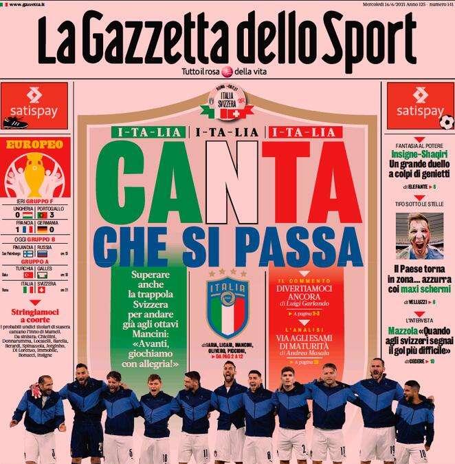 Rassegna stampa sportiva oggi: prime pagine mercoledì 16 giugno 2021