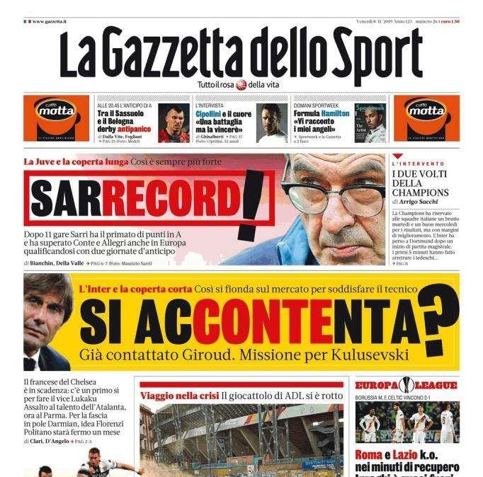Prima pagina La Gazzetta dello Sport: "Sassuolo-Bologna derby antipanico"