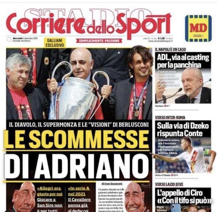 La prima pagina del Corriere dello Sport: "Le scommesse di Adriano"