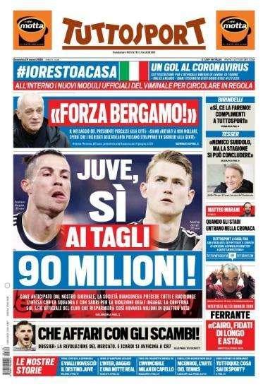 Tuttosport prima pagina: "Juve, sì ai tagli. 90 milioni"