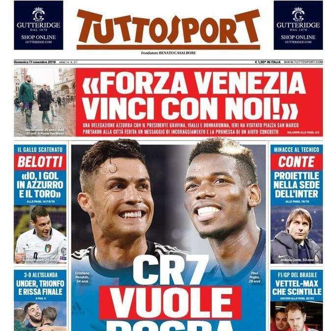 La prima pagina di Tuttosport di oggi: "CR7 vuole Pogba"
