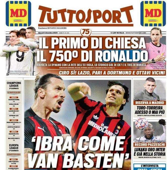 L'apertura di Tuttosport sul Milan: "'Ibra come Van Basten'"