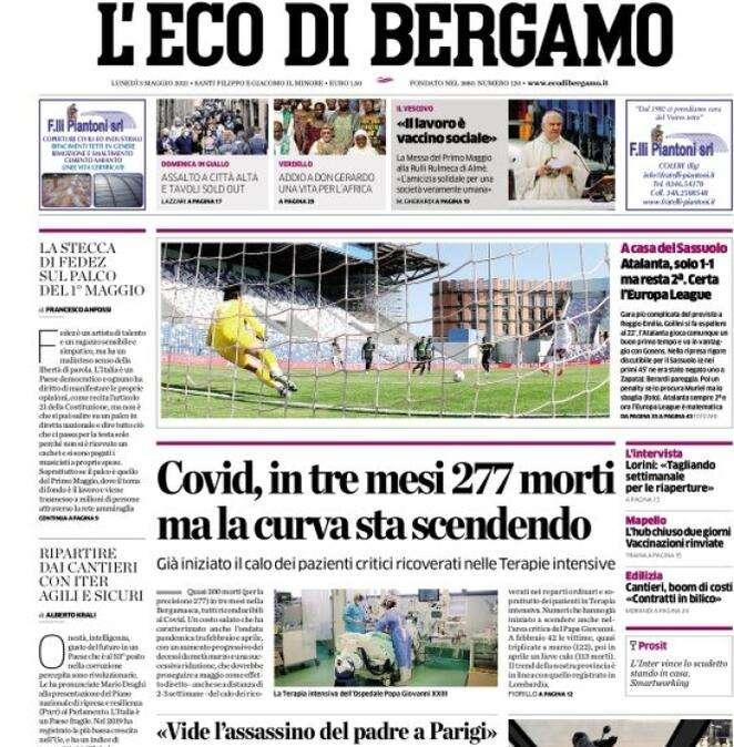 L'Eco di Bergamo: "Atalanta, solo 1-1 col Sassuolo, ma resta seconda"