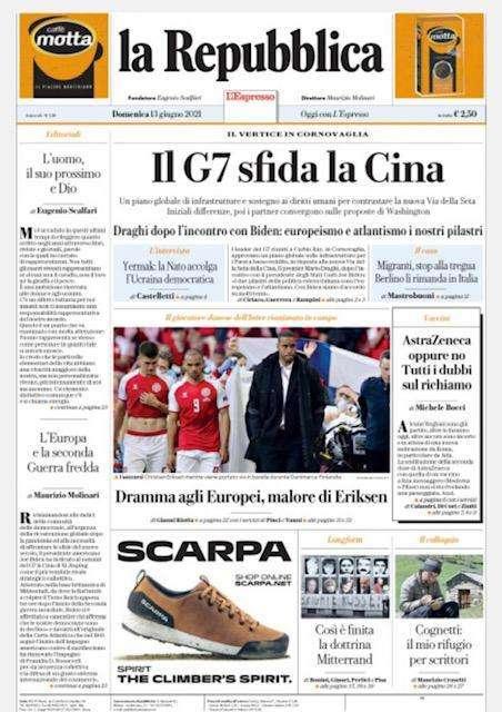 La Repubblica in prima pagina: "Dramma agli Europei, malore per Eriksen"