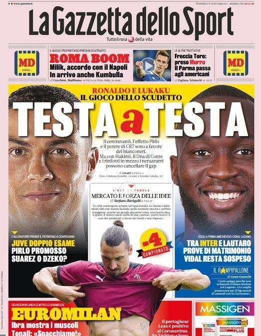 La Gazzetta dello Sport sullo Scudetto: "Testa a testa"