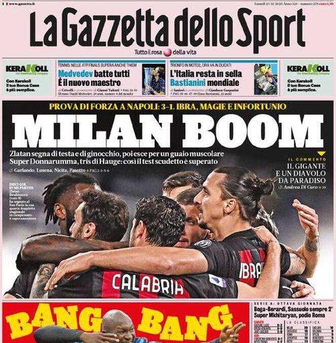 La Gazzetta dello Sport in apertura: "Milan boom, Sassuolo sempre 2°"