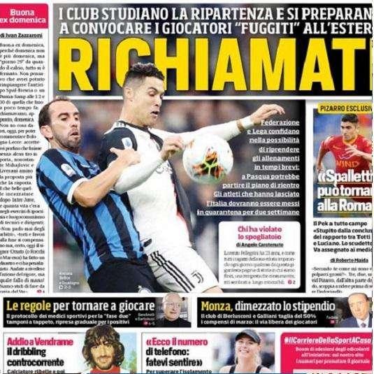 Prima pagina CdS - Richiamati: i club si preparano a richiamare i giocatori. 