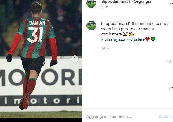 Ternana - Damian si dà la carica sui social: "Pronto a tornare"