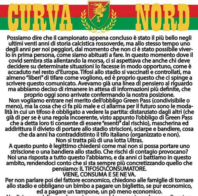 Verso Ternana- Avellino, la Curva Nord ha deciso di non entrare