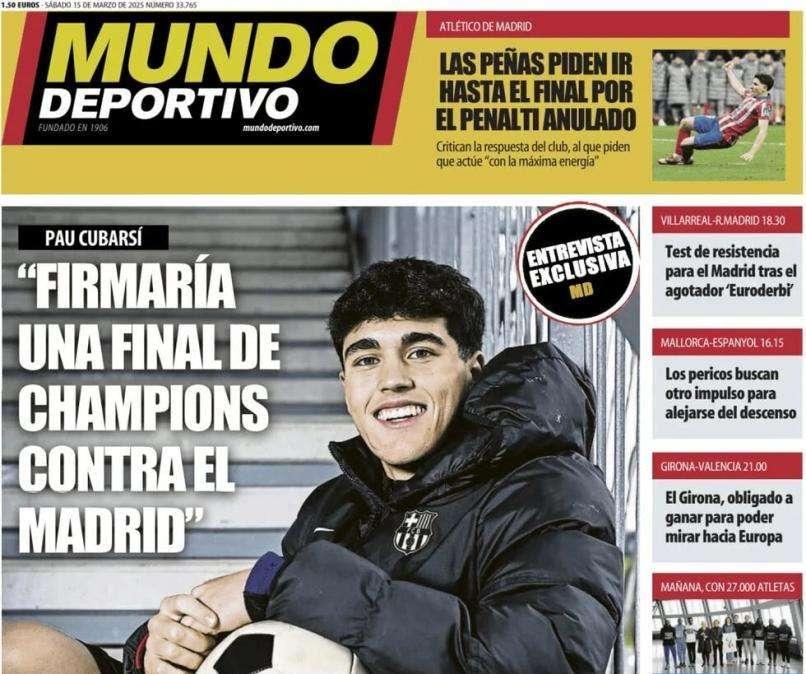 Cubarsí en Mundo Deportivo: "Firmaría una final de Champions contra el Madrid"