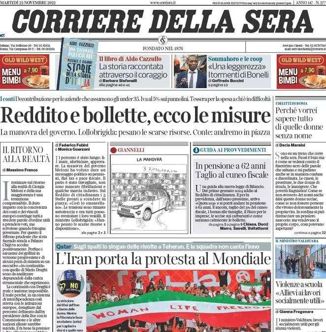 Il Corriere della Sera in prima pagina questa mattina: “L’Iran porta la protesta al Mondiale”