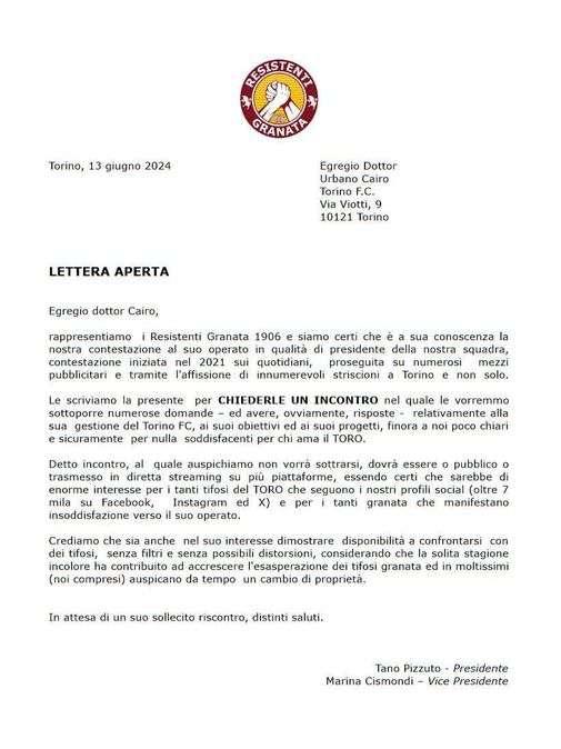 I Resistenti Granata 1906 chiedono un incontro al presidente del Torino Urbano Cairo