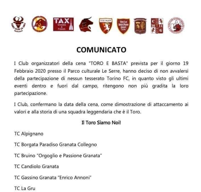 "Toro e Basta", i club aderenti alla cena non hanno voluto nessun giocatore