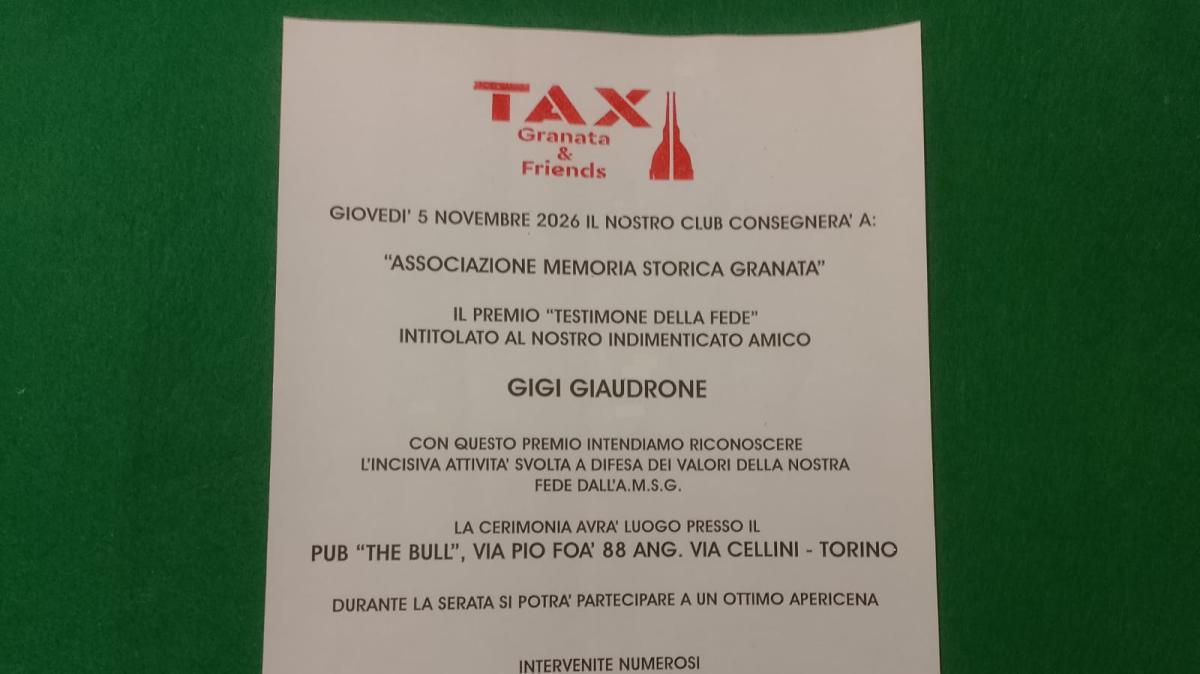 Il premio del Toro Club Taxi Granata “Gigi Giaudrone - a guardia della fede” a Domenico Beccaria