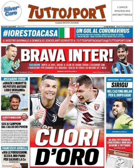 L'apertura di Tuttosport con CR7 e Belotti: "Cuori d'oro"