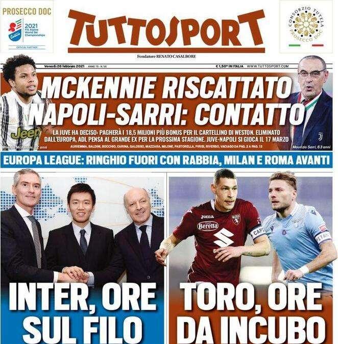 L'apertura di Tuttosport: "Inter, ore sul filo. Toro, ore da incubo"