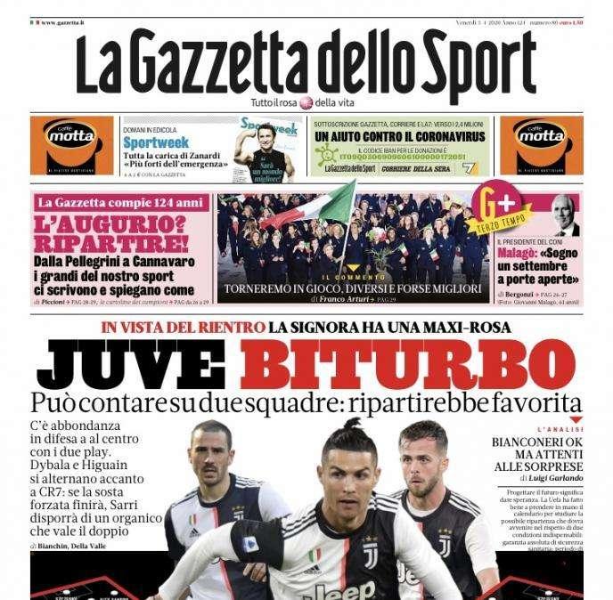 La Gazzetta dello Sport in apertura: "Juve biturbo"