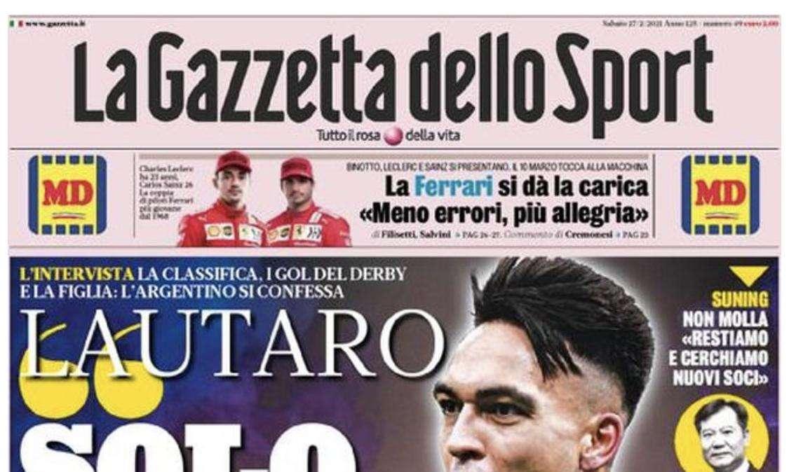 L'apertura de La Gazzetta dello Sport: "Solo Inter"