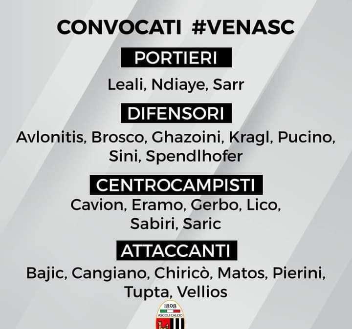 Ascoli, sono 23 i convocati per la gara di Sabato contro il Venezia