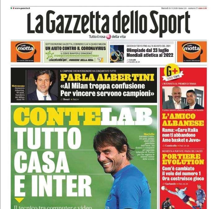 L'apertura de La Gazzetta dello Sport: "ConteLab, tutto casa e Inter"