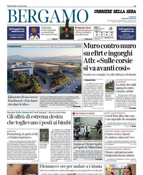 PRIMA PAGINA - Corriere di Bergamo: "Atalanta In ritiro da lunedì ma senza Hien, fermo per tre mesi"