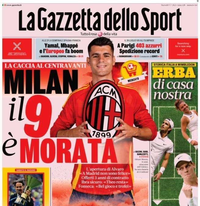 L'apertura de La Gazzetta dello Sport: "Milan, il 9 è Morata"