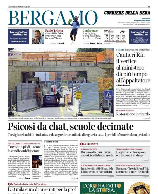 PRIMA PAGINA - Corriere di Bergamo: "Ajax-Atalanta, la sfida di prestigio al profumo di finale"