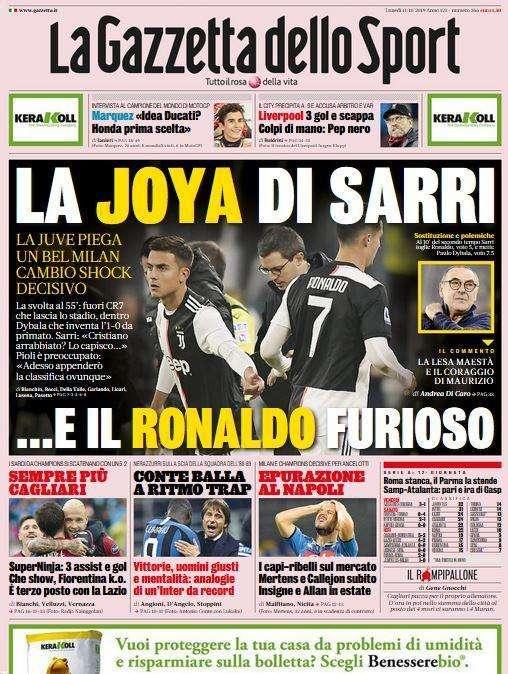 L'apertura de La Gazzetta dello Sport: "La Joya di Sarri... e il Ronaldo furioso"