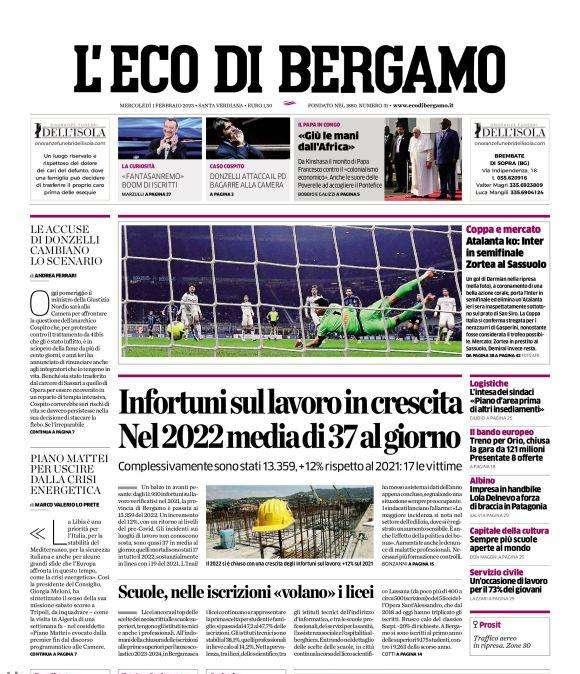 L'Eco di Bergamo: "Atalanta ko: Inter in semifinale. Zortea al Sassuolo"