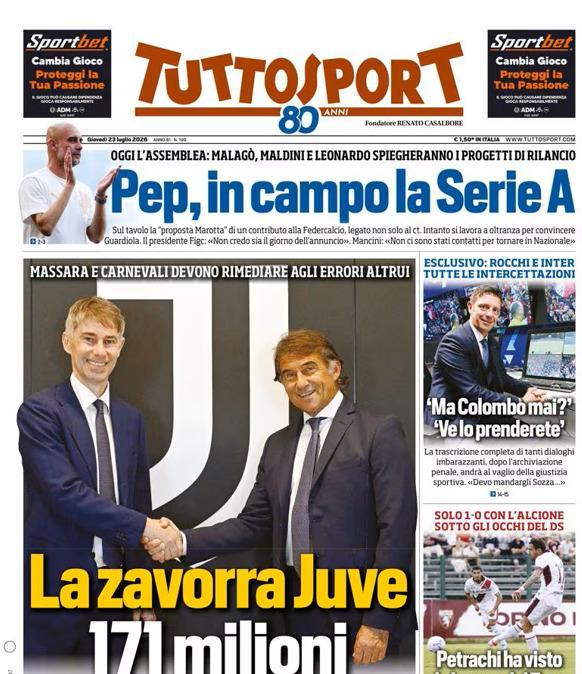 PRIMA PAGINA - Tuttosport:  "La zavorra Juve 171 milioni"