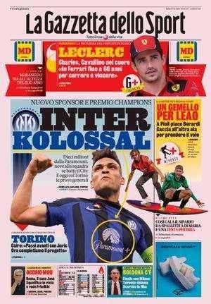 La prima pagina de La Gazzetta dello Sport sul nuovo sponsor nerazzurro: "Inter kolossal"