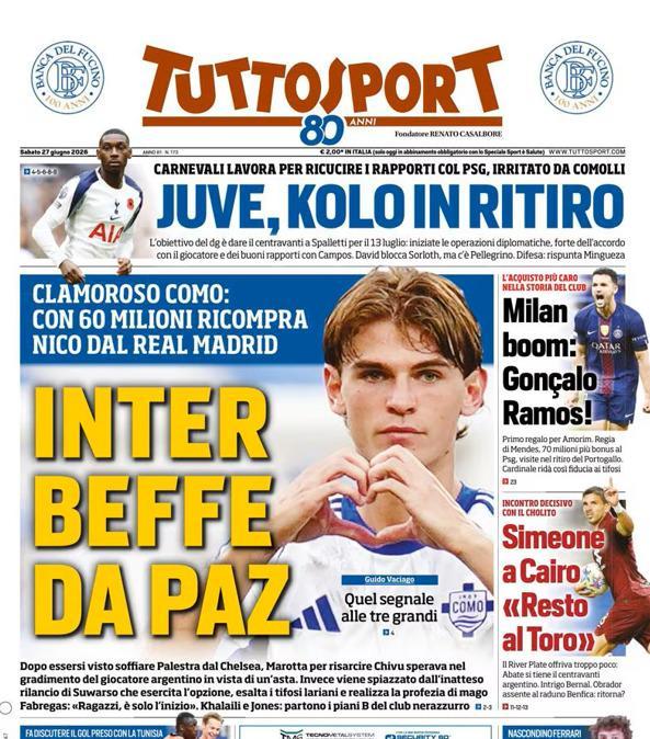 PRIMA PAGINA - Tuttosport: "Inter, beffe da Paz"