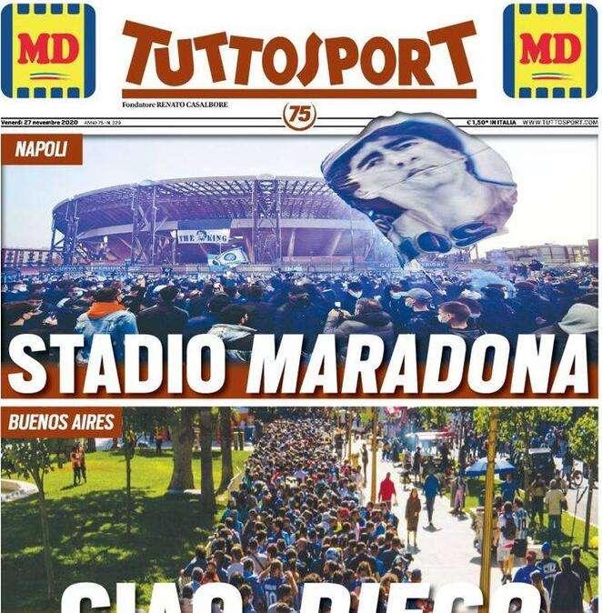 Tuttosport in apertura: "Stadio Maradona, ciao Diego" 